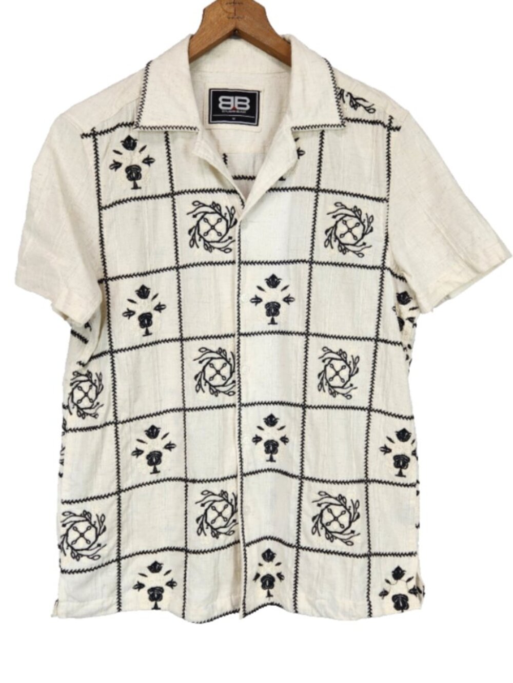 Benjamin Black Mens Button Down Linen Shirt M Neutral Black Embroidery Boho